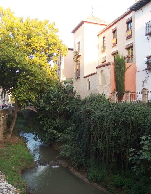Carrera del Darro: a stone-walled street along the narrow Darro river, lined with balconied houses and trees